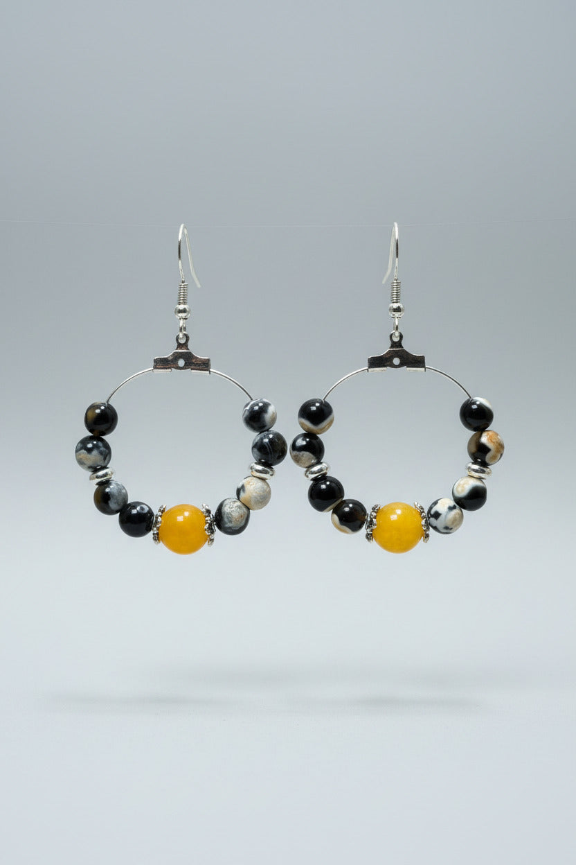 Créoles "Astre Solaire" – Noir Marbré tacheté de jaune & Jaune solaire