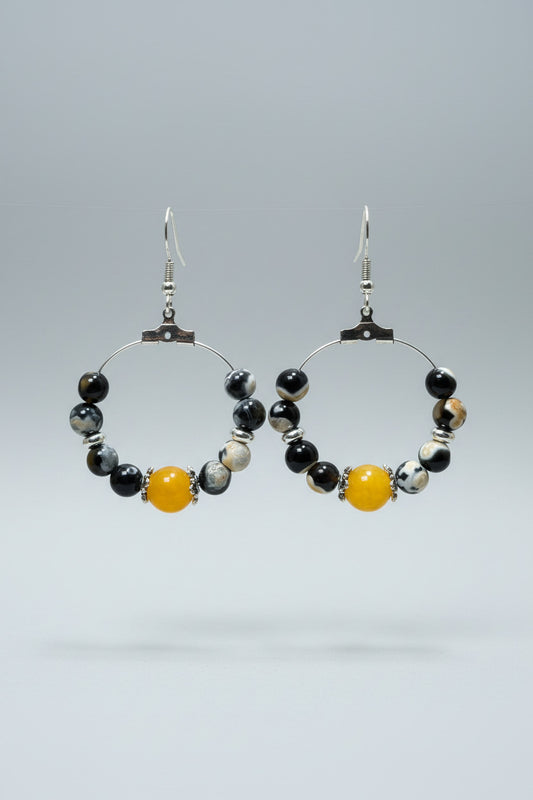 Créoles "Astre Solaire" – Noir Marbré tacheté de jaune & Jaune solaire