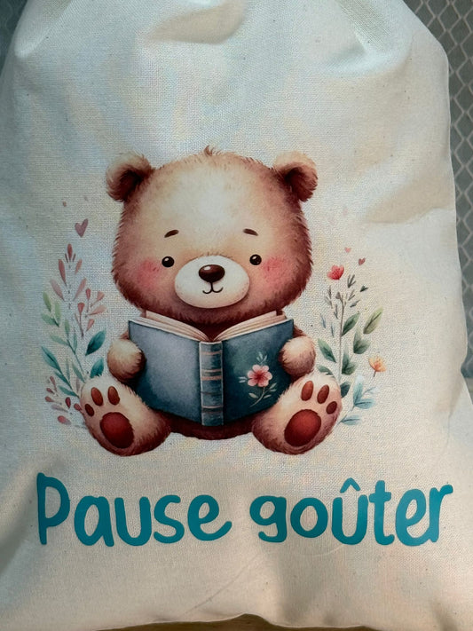 Pochon "Pause Goûter" - L'ourson en pleine lecture