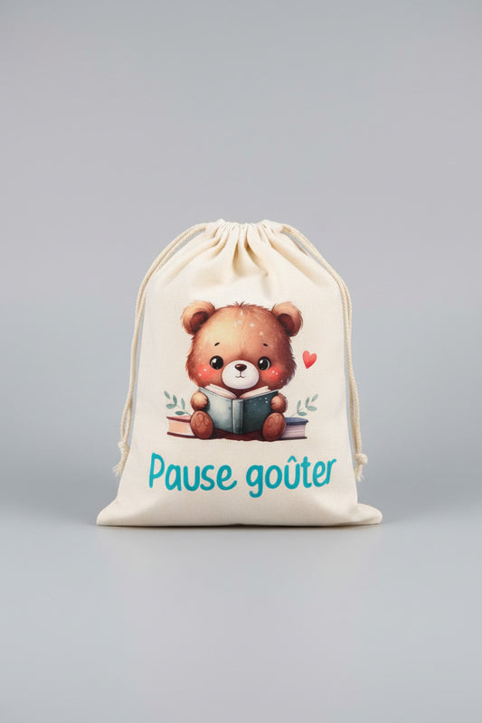 Pochon " Pause Goûter " - L'ourson en mode lecture "