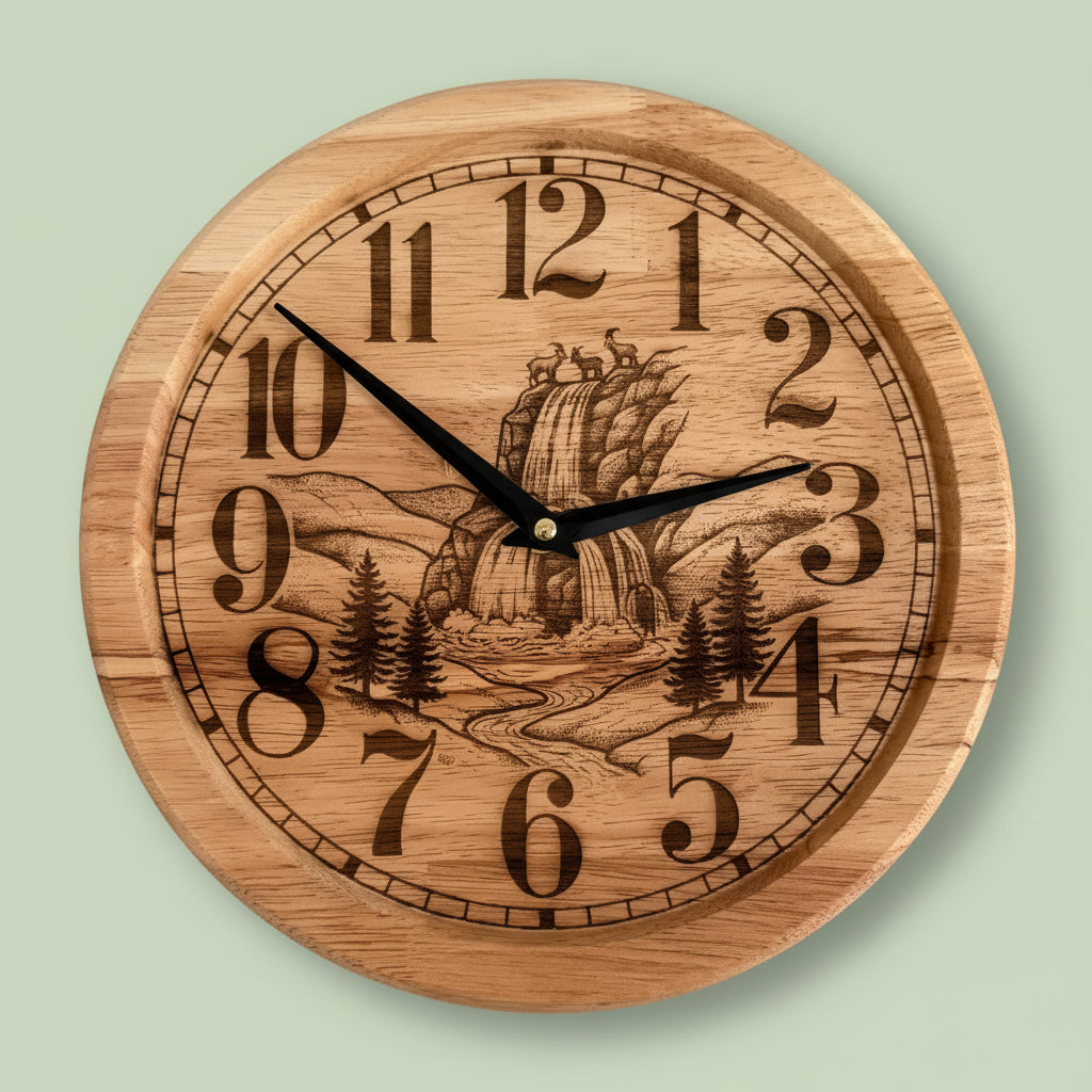 Horloge murale en bois gravé – Diamètre 25 cm