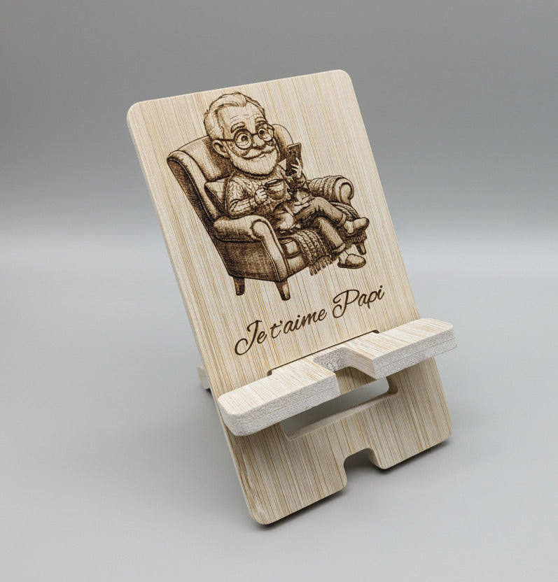 Porte-Téléphone en Bambou Gravé – "Je t'aime Papi"