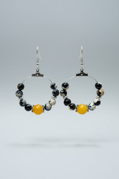 Créoles "Astre Solaire" – Noir Marbré tacheté de jaune & Jaune solaire