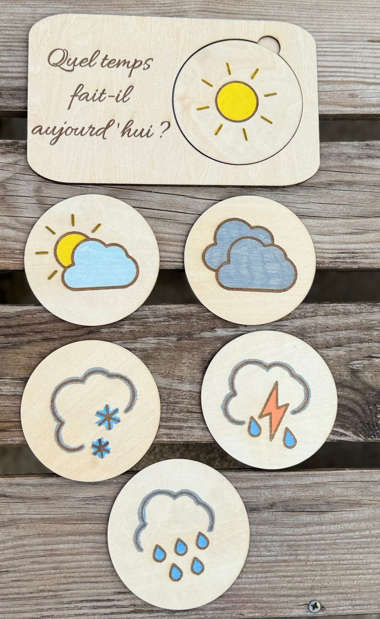 ☁️ Plaque Météo Montessori en Bois – "Quel temps fait-il aujourd'hui ?"