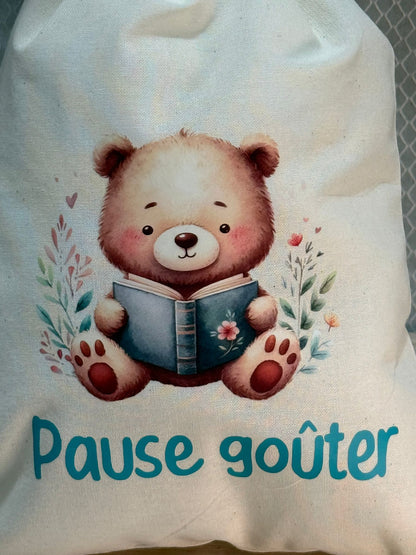 Pochon "Pause Goûter" - L'ourson en pleine lecture