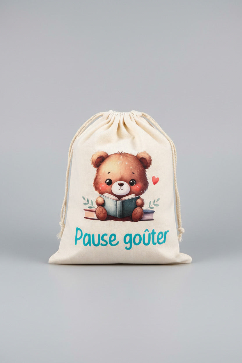 Pochon " Pause Goûter " - L'ourson en mode lecture "