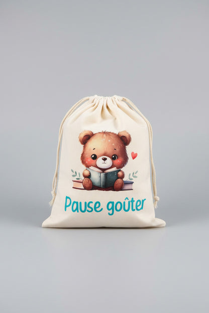 Pochon " Pause Goûter " - L'ourson en mode lecture "