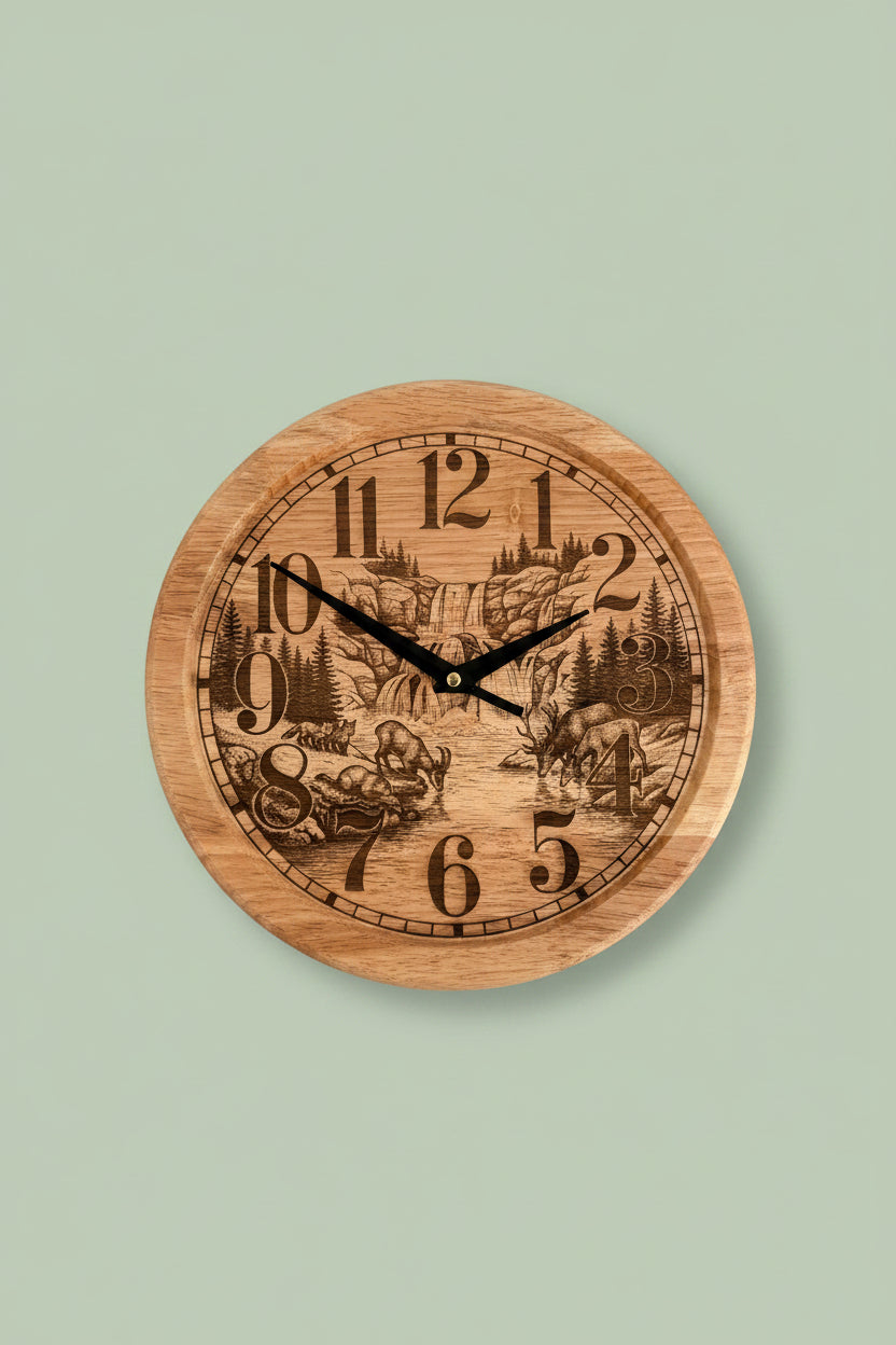 Horloge murale en bois gravé – Diamètre 25 cm
