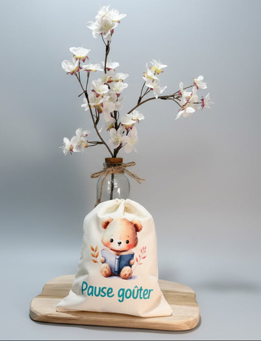 Pochon " Pause Goûter"  - L'ourson en pause lecture