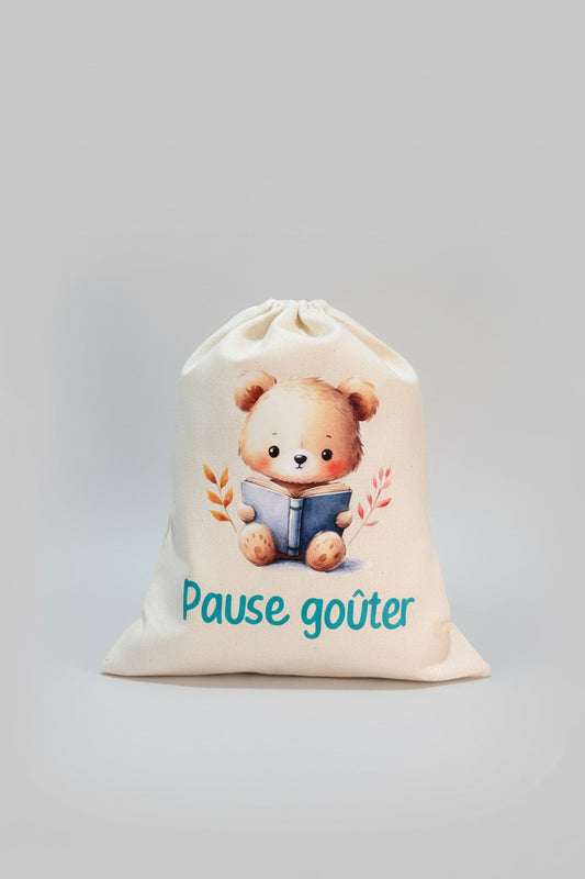 Pochon " Pause Goûter"  - L'ourson en pause lecture